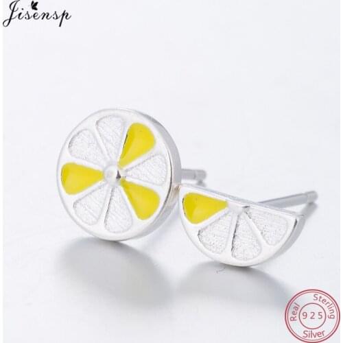 Jisensp 925 Sterling Silver Cute Enamel Lemon Shape Stud Earrings for Girls Lovely Tiny Asymmetric Earrings Summer Style Jewelry