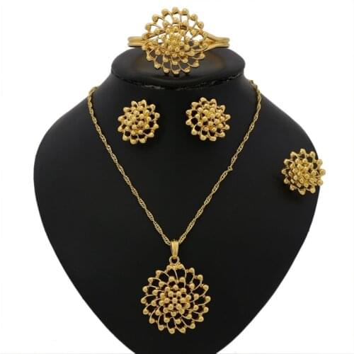 Yulaili Classic Ethiopian Jewelry Sets Charm Necklace Stud Earrings Bangle Ring for Women African Wedding Jewelery Set