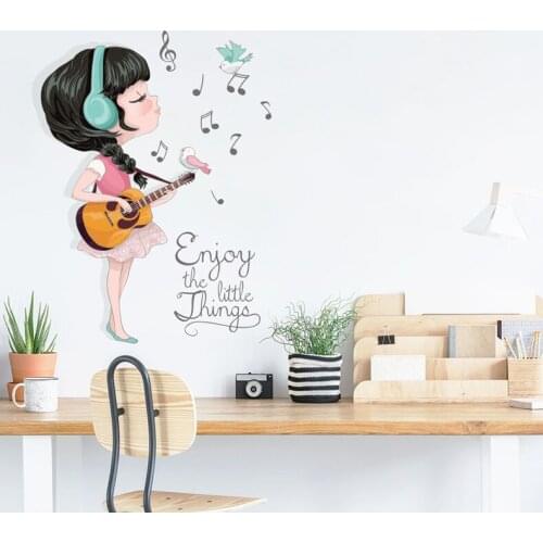 Beautiful Guitar Girl Music Sticker 3d Kids Room Decoration Kawaii Baby Girls Bedroom Decor wall stickers Child