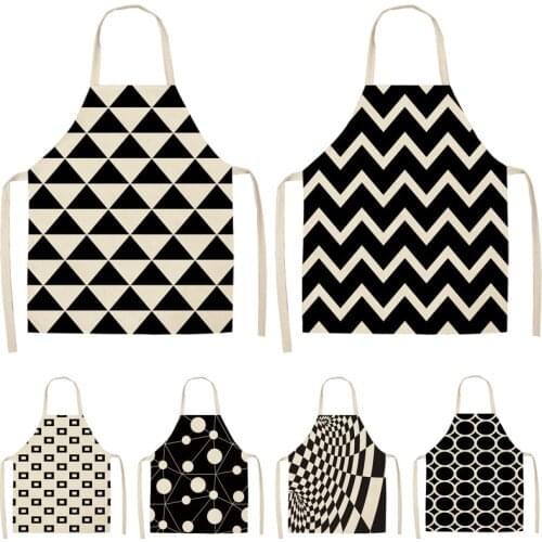 Black and White Geometric Kitchen Apron for Woman and Man Home Cooking Baking Shop Cotton Linen Cleaning Bibs barber apron