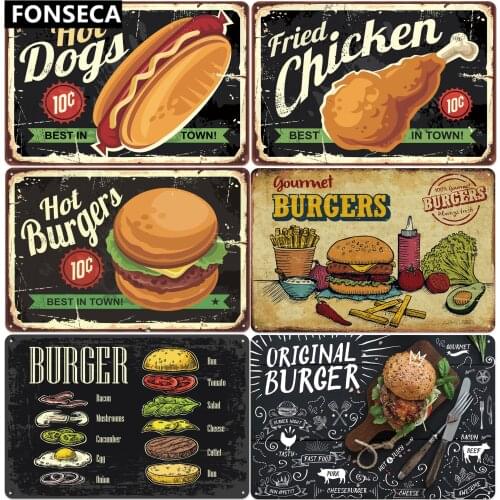 Chicken Hamburger Hot Dogs Sign Plaque Metal Vintage Plates For Wall Art Home Shop Vintage Restaurant Decoration