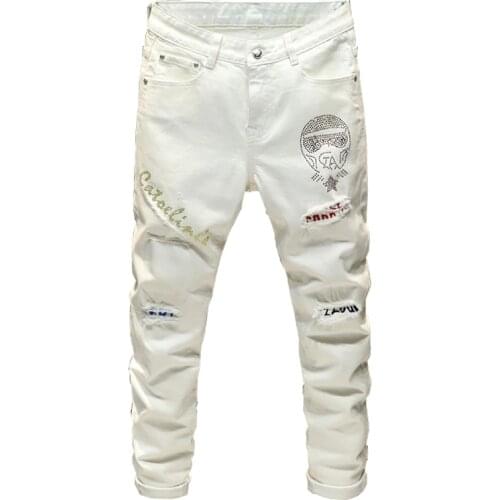 Sokotoo Mens fashion crystal patchwork white jeans Streetwear slim fit patch design stretch denim pants