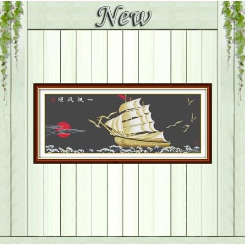 Sailing mascot scenery sun sea paintings black canvas DMC 14CT 11CT chinese style Cross Stitch Needlework Sets Embroidery kits