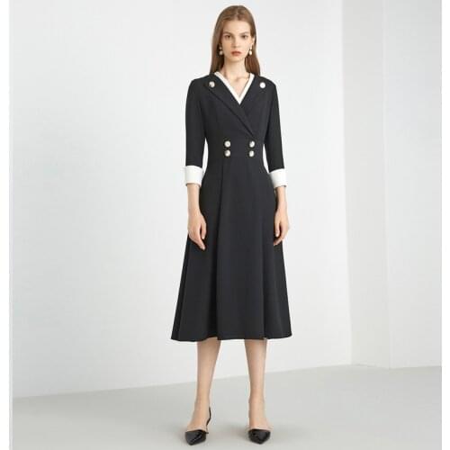 Womens spring and autumn new OL fashion v-neck collar dress shiny button decoration was thin black high waist dress F1129