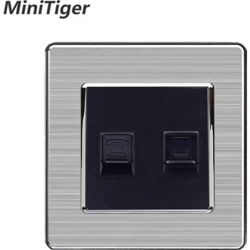 Minitiger RJ45 Internet Data Jack CAT5E Connector With 2 Core RJ11 Telephone Outlet Stainless Steel Brushed Panel Wall Socket