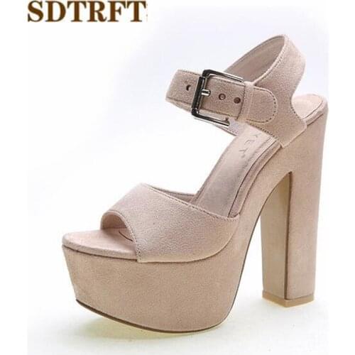 SDTRFT Popular shoes women 15cm thick heels Genuine leather sandals Ankle straps fashion platforms Suede pumps zapatos mujer