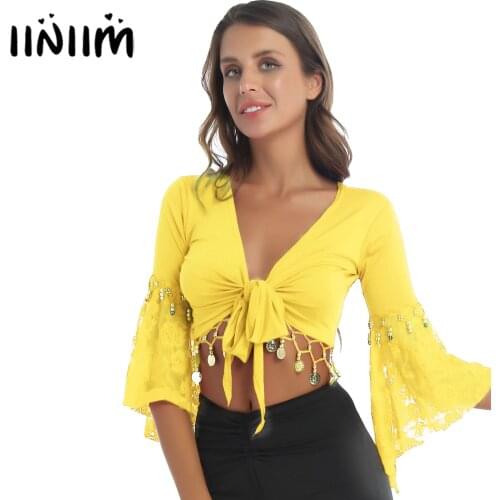 Women Dancewear Lace Patchwork Three Quarter Flare Sleeve Bead Tassel Lace-Up Shawl Indian Belly Dance Crop Top Cardigan Costume