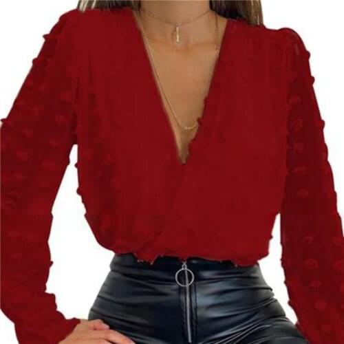 Summer Fashion Women Deep V Neck Top White Jacquard Shirt Female Long Sleeve Chic Shirt Sexy Dot Solid Color Mesh Blouses