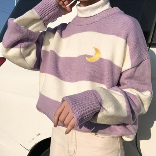 Women College Candy Color Stripes Moon Embroidery Sweaters 2021 Kawaii Sweater Female Harajuku Clothing for Female Lady Ulzzang