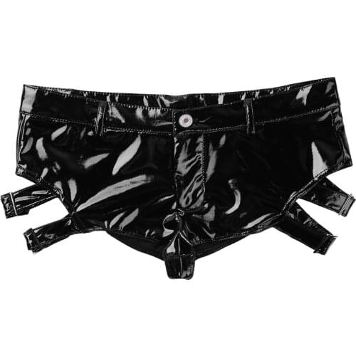 Women Lingerie Wet Look Shiny Patent Leather Shorts Sexy Low Rise Hollow Out Panties Clubwear Mini Shorts Hot Pants with Buckles