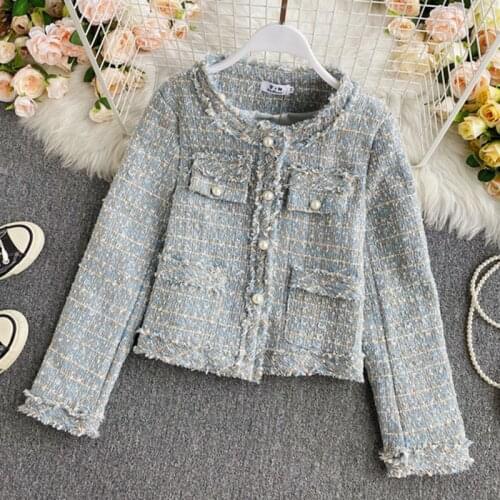 2021 Women OL Work Wear Pink Plaid Wool Tweed Coat Jacket Casual High Quality Warm Overcoat Fashion Tweed Coats With Two Pockets