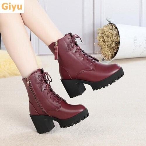 2020 Winter Martin Boots Genuine Leather Womens Boots High-heel Platform Snow Boots Wool Booties Lace up Ankle Boots Plus Size