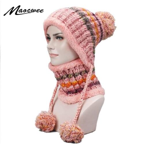 Winter Women Knitted Hat Scarf Set Female Warm Pompon Hat Ring Scarf Set Fashion Thicked Hat Set Casual Snow Caps With Lining