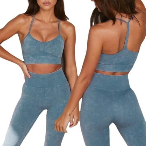 Stone Washed Imitation Denim Seamless Knitting Yoga Suit Backless Bra Tights Fitness