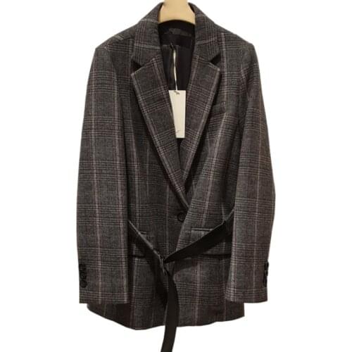 Women Pockets Button Dark Brown Full Sleeve Plaid Check Medium Thickness Regular Length Single Notched Blazer Spring 2020