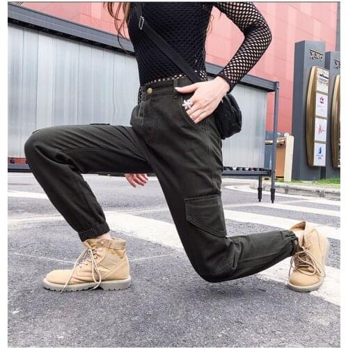 Women Pockets Patchwork Cargo Pants High Waist Streetwear Ankle Length Trousers Women Straight Pants