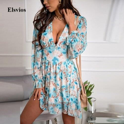 Elegant Floral Print Pleated Lady Party Dress Spring Summer Long Sleeve Mini Dress Fashion Sexy Deep V-Neck Women Dress Vestidos