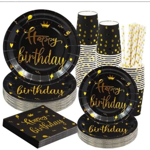 Birthday Hot black Gold Paper Towel Napkin cup plate spoon Fork Party Tissue Birthday Wedding Decoration