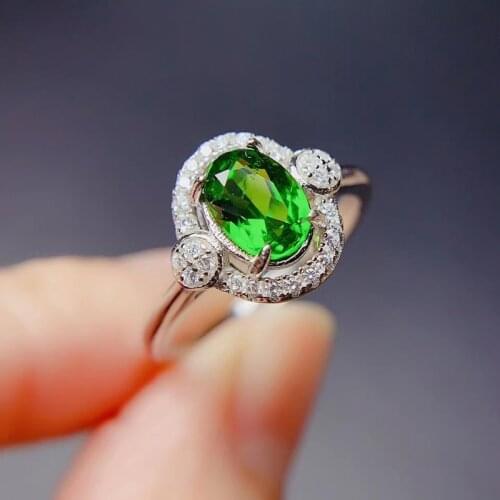 CoLife Jewelry Fashion Silver Gemstone Ring for Daily Wear 6mm*8mm Natural Diopside Ring 925 Silver Russian Emerald Ring
