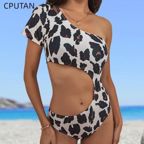 Leopard Print Swimsuits Women Cut Out Monokini 2021 One Piece Bathing Suit Female Swimwear Short Sleeve One Shoulder Bodysuit