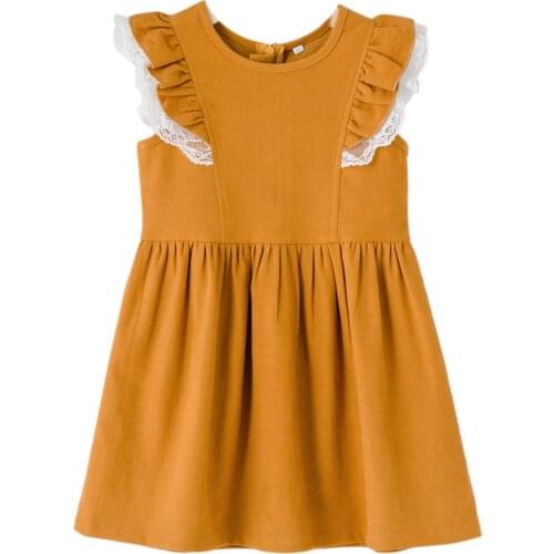 Infant Newborn Baby Girl’s Summer Fly Sleeve Dress Fashion Solid Color Round Neck Lace Trim A-line Princess Dress