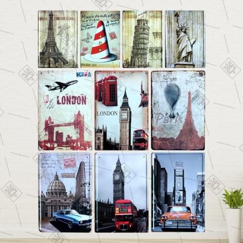 LONDON Leaning Tower Of Pisa Retro Pattern Metal Sign Statue Of Liberty Retro Pattern Board Bar Club Home Wall Decoration