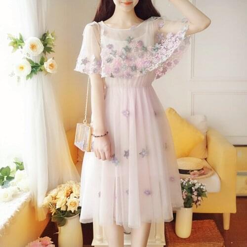 Sweet Princess Wind Heavy Industry Embroidery Flowers Ruffled O-Neck High Quality Mesh Puffy Dress Small Dress 2021 Summer New