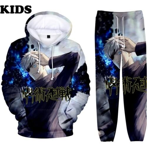2 to 14 years old Childrens hoodie+Sweatpant Sets Jujutsu Kaisen Hoodies Anime Sweatshirt+Long pants 3D Harajuku Men Streetwear