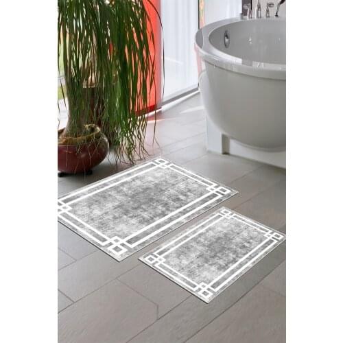 Slip-resistant Outsole Washable 2 Li 60x100 - 50x60 Bathroom Mat Doormat Toilet Seat Pad Digital Print Polyester 2'li Classic Gray