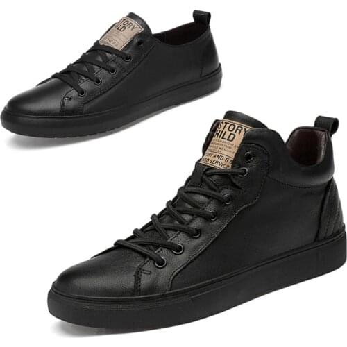 Casual Shoes Men Cow Leather Flat Shoes Lace-up Low Top Sneakers Tenis Masculino Fashion Flats Shoes Size 36-45 Black Sneakers