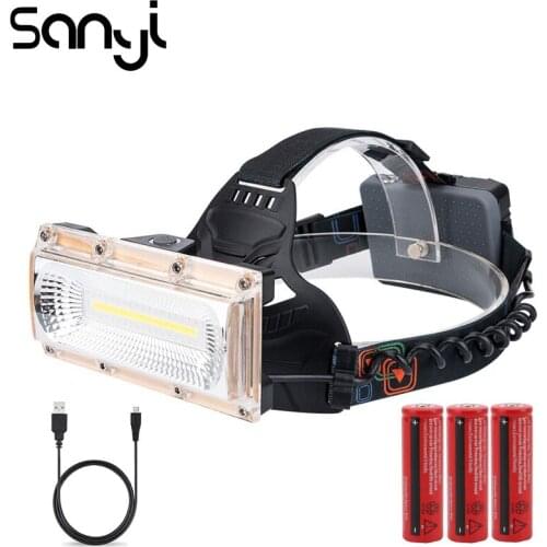 SANYI COB LED USB Rechargeable Wide Angle Headlamp 3 Lighting Modes Super Bright Headlight Head Torch Flashlight by 3*18650