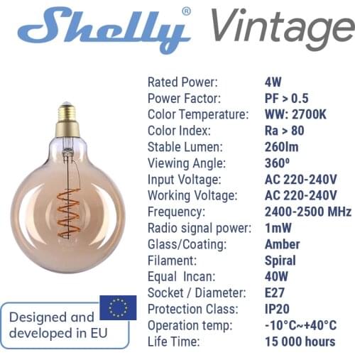 Shelly Vintage G125 2700K Smart Bulb Control RGB Smart Light Bulb Dimmable E27 WiFi LED Magic Lamp AC 220~240V Work with