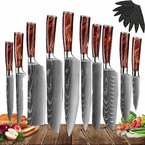 Japanese Kitchen Knives Stainless Steel Laser Damascus Pattern Chef Santoku Cleaver Slicing Utility Gyuto Boning Knife Tool