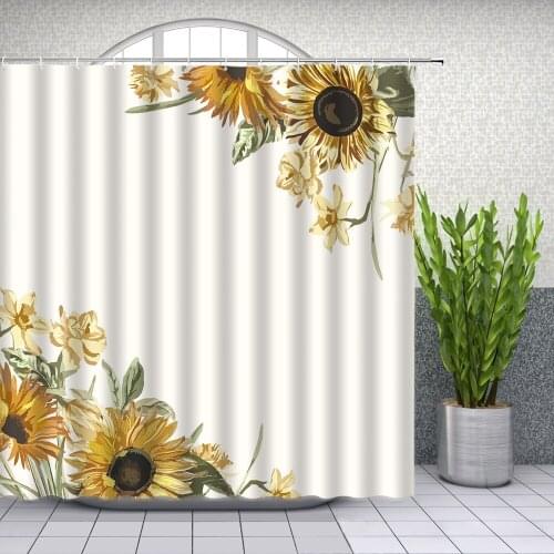 Flowers Shower Curtains Hand Painted Yellow Sunflower Flower Green Leaf White background Bathroom Decor Waterproof Cloth Curtain