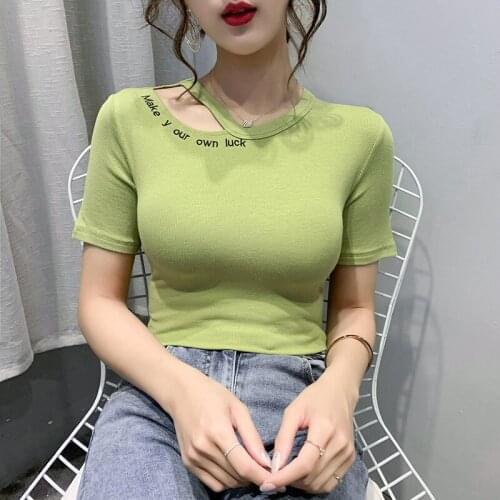 Womens T Shirt Hollow Letter Round Collar Soild Color Sweet Cotton Short Sleeves Tops Wholesale 2021 Fashion Lady Clothing