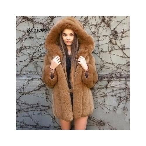 Women Streetwear Faux Fur Coat Winter Jacket Fashion Thick Warm Faux Fur Coats with Hooded Plus Size Outerwear