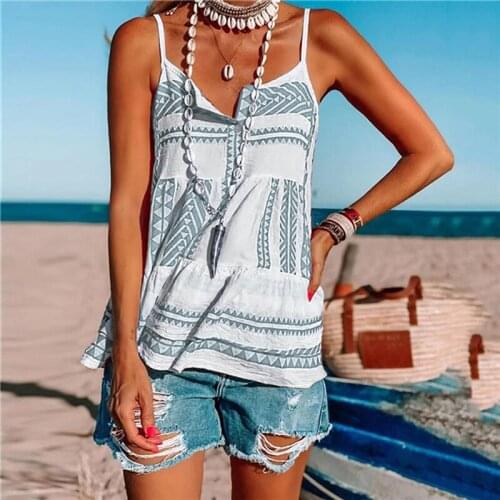 Summer Womens Printed Beach Striped Camisole V-Neck Button Loose Bohemian Sexy Cool Thin Ethnic Style 2021 Backless Casual