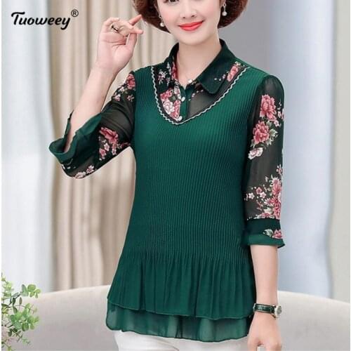 Korea Shirts Blusas Elegant plus size mom Shirt Women Office Bottom Vintage Floral Print Top V Neck Chiffon Blouse Autumn Spring