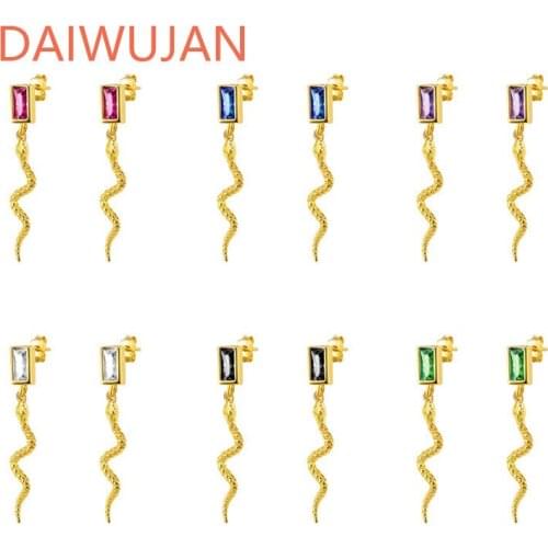 Gold Color Vintage Square Zircon Snake Animal Stud Earrings 925 Sterling Silver White Black Purple Green Crystal Womens Earring