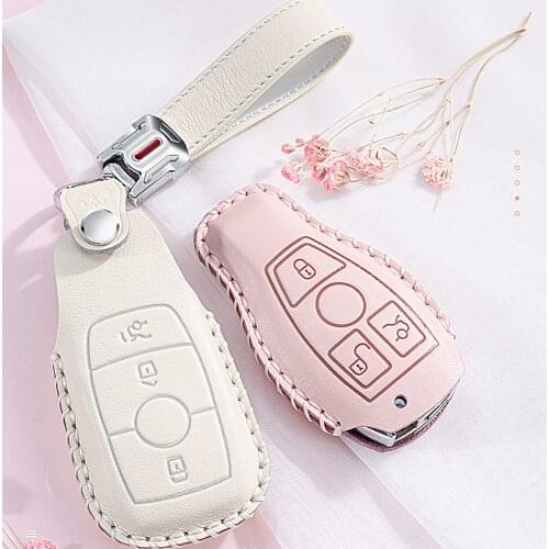 Genuine Cow Leather Lady Car Key Case Cover Hot Pressing Protect Shell For Mercedes Benz Hand Made Auto Accessories Key Chain