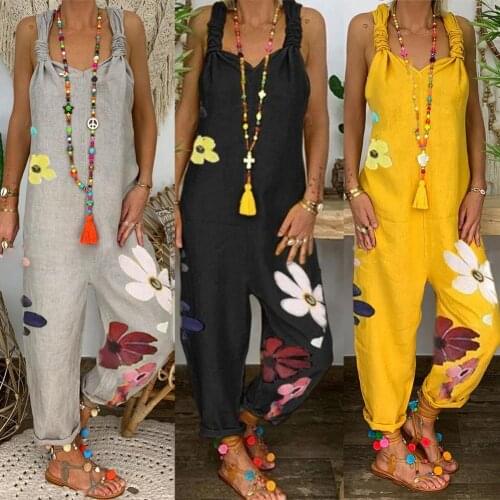 Female Floral Playsuits Women Sleeveless Bib Overall Backless Floral Print Loose Jumpsuit Dungarees Sleeveless Romper Overall
