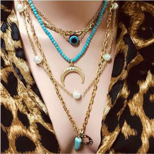 Fashion jewelry moon pine stone imitation pearl multi-layer combination Necklace womens accessories chain necklace