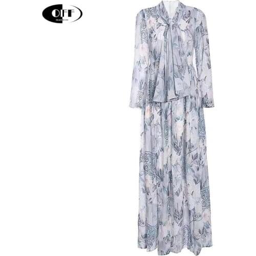 Summer Runway Holiday Maxi Long Dress Womens Full Sleeve Elegant Printed Ankle Length Beach Boho Bow Party Dresses Robe Female