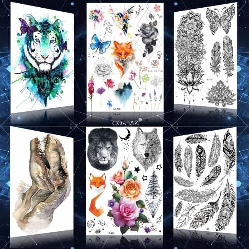 COKTAK Watercolor Fox Flower Geometric Rose Tattoo Stickers For Girls Boys Body Arm Tatoos Fake Women Temporary Tattoos Paper