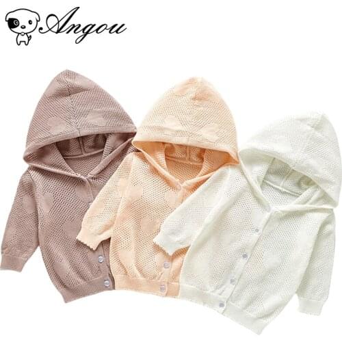 Angou Hooded Love Hollow Cardigan Infant Baby Boys Girls Solid Candy Color Summer Long Sleeves Coat Knitted Baby Sunscreen Shirt