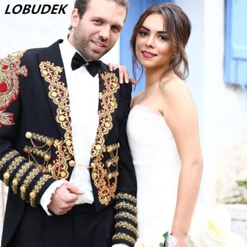 Court Tuxedo Magic Costume Black Red Blue Embroidery Long Tailcoat Blazers Bar Singer Host Stage Outfit Wedding Groom Dresses