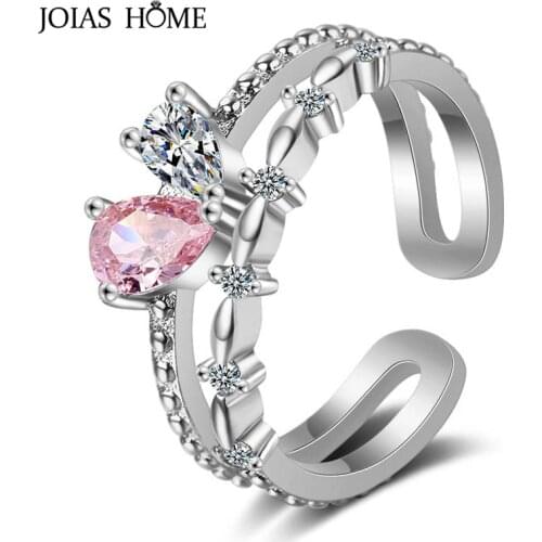JoiasHome Fashion Silver 925 Jewelry Gemstones Ring for Women Resizable Rings Water Drop Shaped Pink Crystal Rose Gold Color