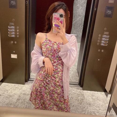 Two-piece Suit Skirt Female Chiffon Sunscreen Shirt + Ruffled Floral Suspender Dress Set