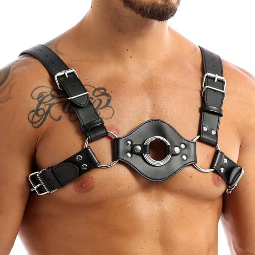 Hot Black Mens PU Leather Bondage Clubwear Double Shoulder Belt Body Chest Harness Exotic Tanks Straps Costumes with Buckles