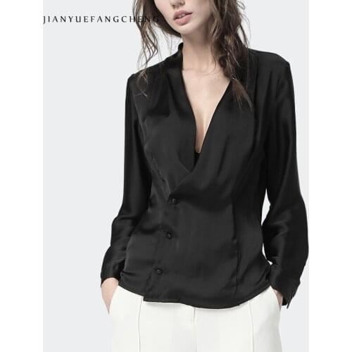 Sexy Deep V-Neck Womens Long Sleeves Shirt Black Satin Top 2021 Early Autumn New Straight Cover Belly Casual Asymmetric Blouses
